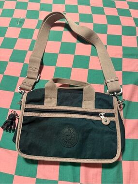 Kipling Forest Green Crossbody Bag with Beige Trim